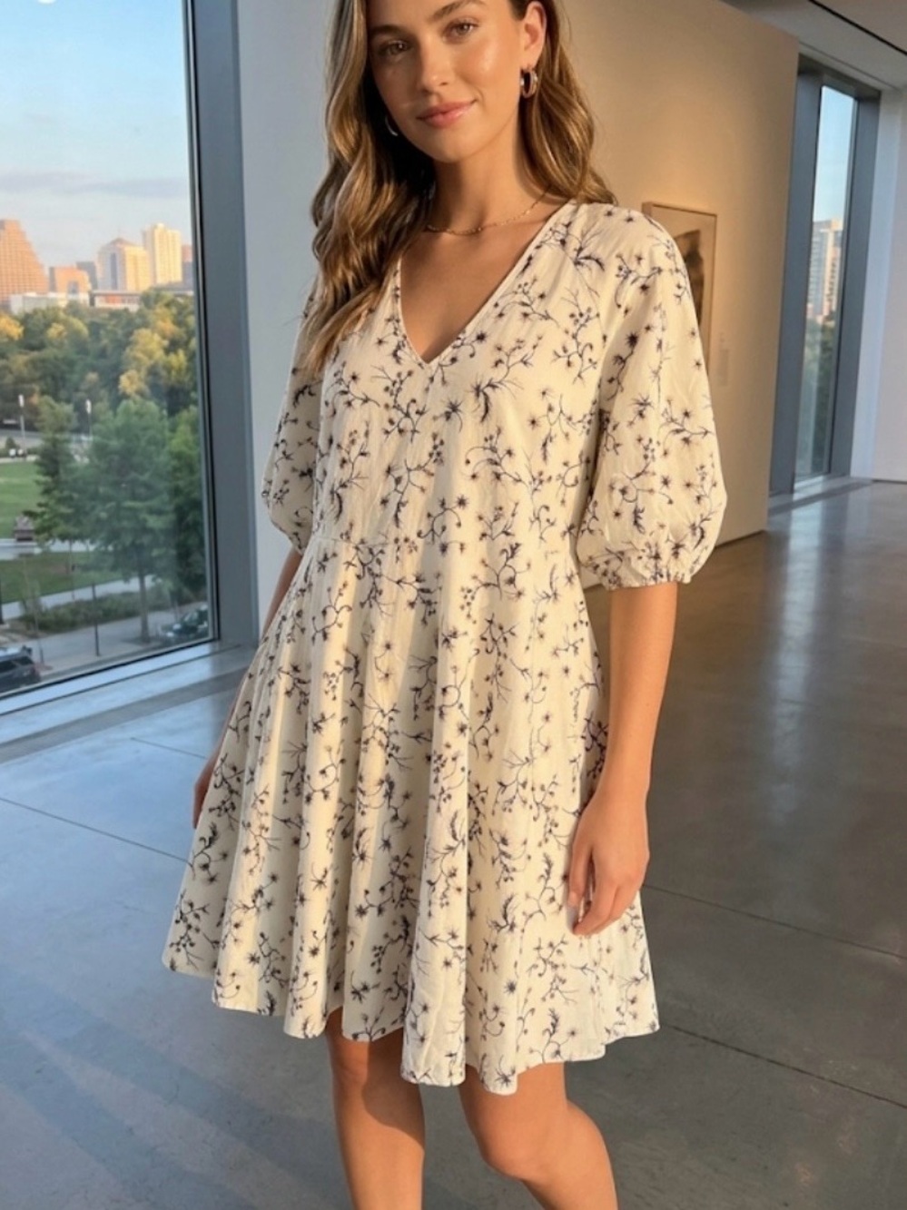 Universal Thread Cream Mini Dress with Black Floral Motif.
